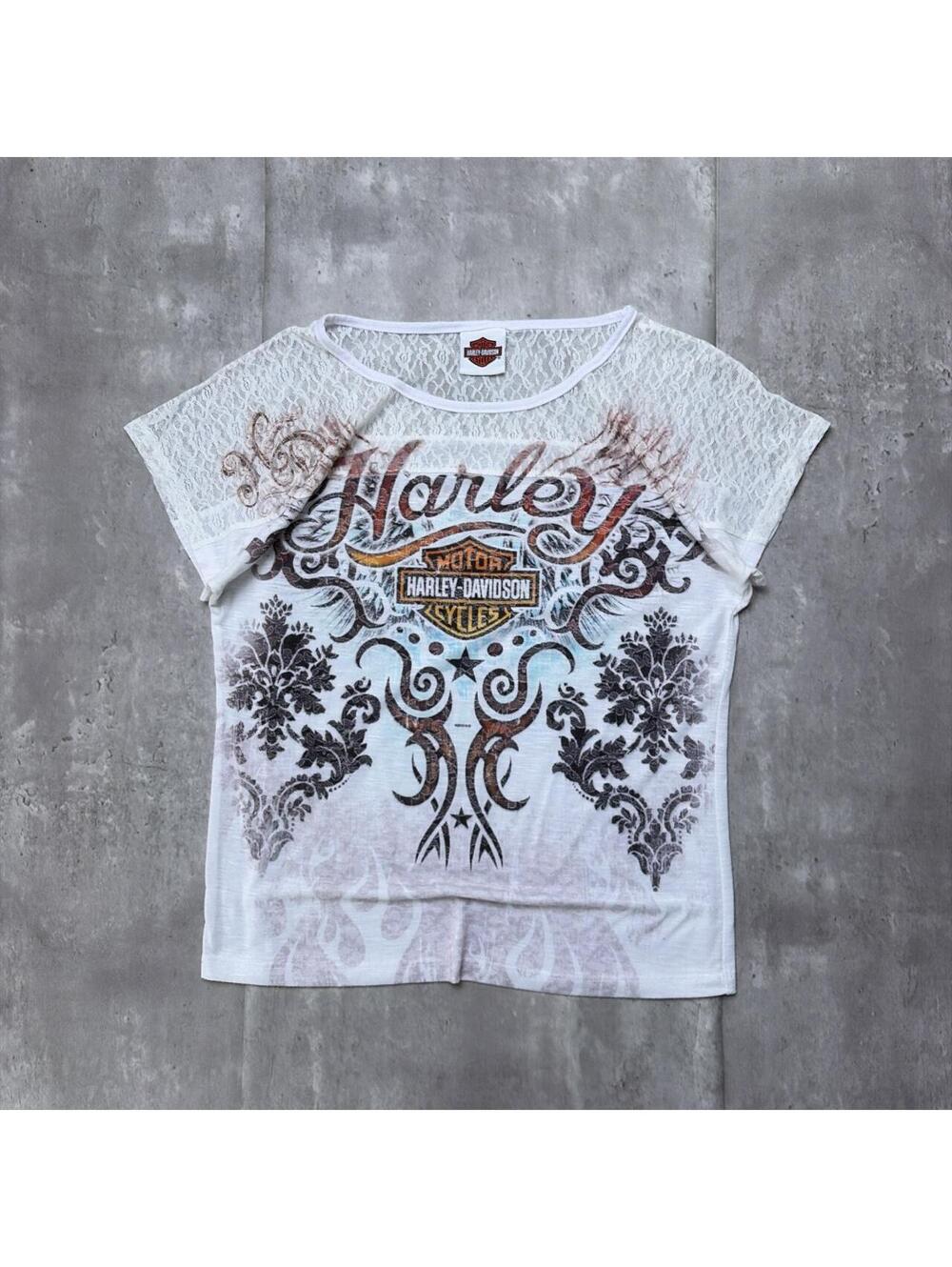 Y2K White Harley Davidson Grunge Biker Gothic T-Shirt